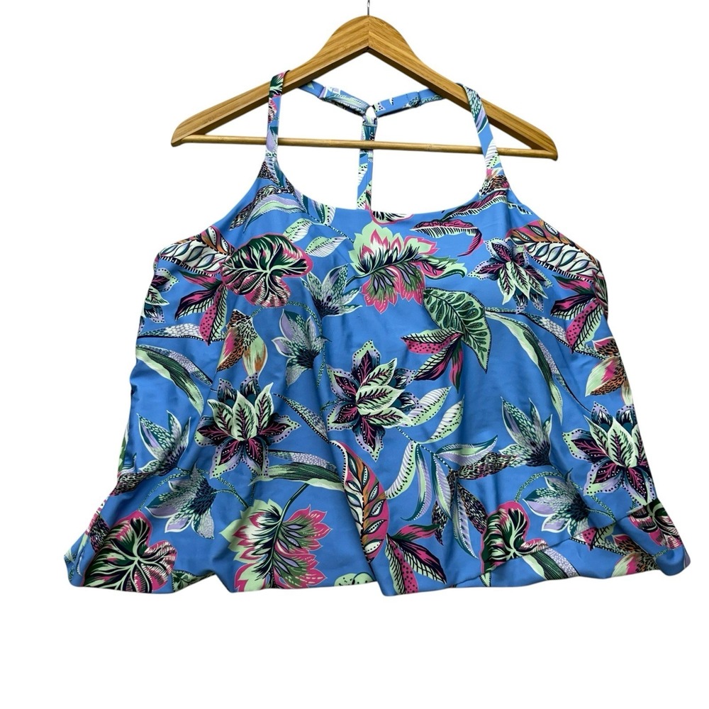 Maurices Womens Tankini Top 1X Blue Leaf Print Racerback Swim Swimsuit